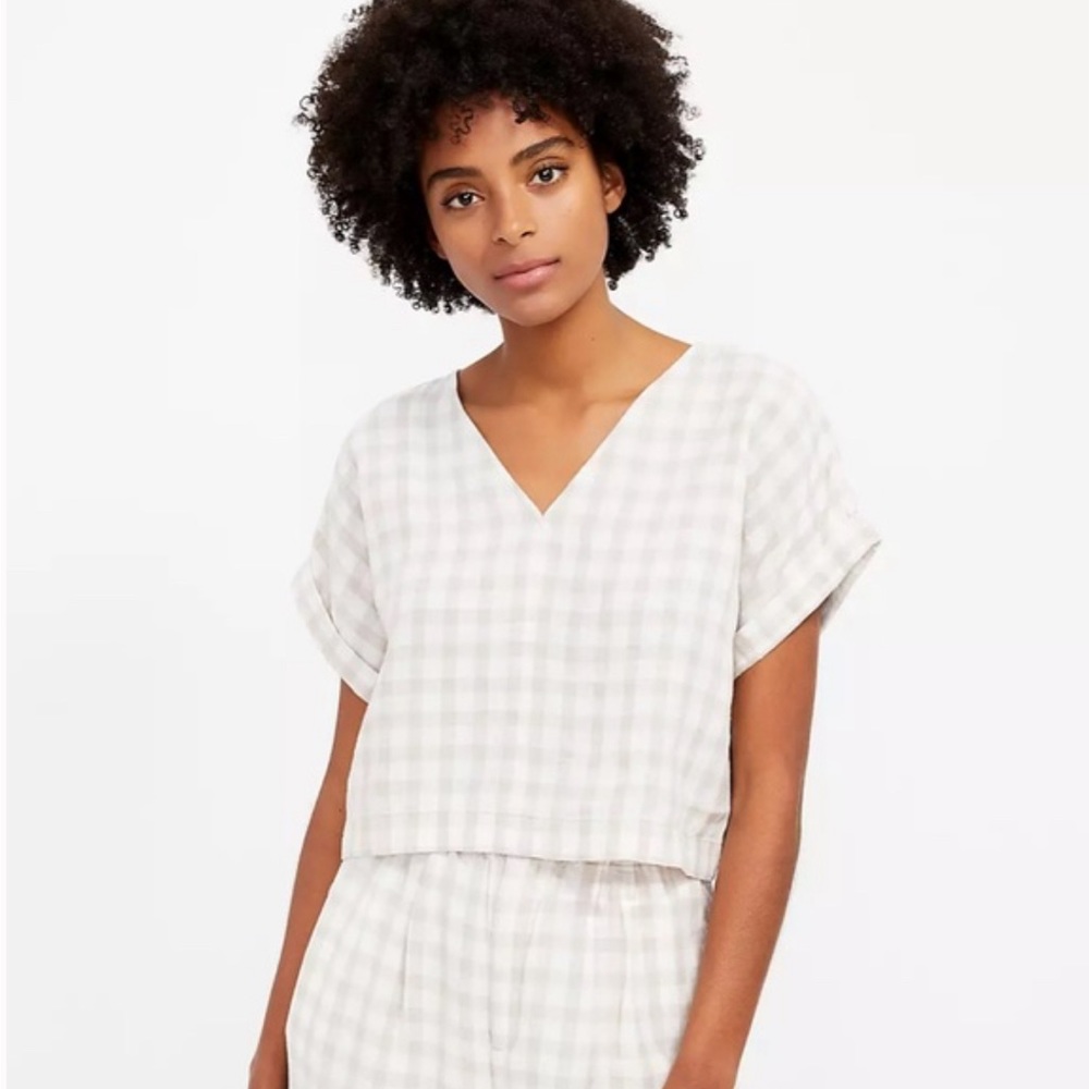 Petite Lou & Grey Gingham Linen V-Neck Top